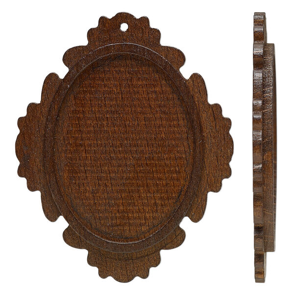 Focal, stained Japanese pagoda wood, dark brown, 57x46mm single-sided top-drilled oval with 40x30mm non-calibrated oval glue-in setting. Sold per pkg of 8. image number 0