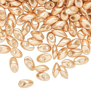 Seed bead, Miyuki, glass, pkg/10g, 7x4mm long magatama, opaque metallic shiny gold (LMA-1052).