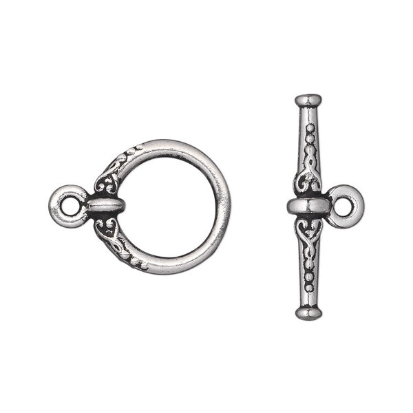 Clasp, TierraCast®, toggle, antique silver-plated pewter (tin-based alloy), 16mm fancy round. Sold per pkg of 10. image number 0