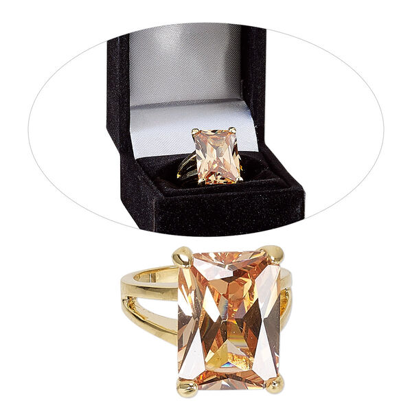 Ring, cubic zirconia and gold-finished brass, champagne, 19.5mm rectangle, size 8. Sold individually. image number 0