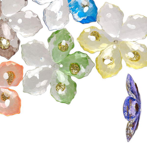 Button, acrylic, clear/white/multicolored with gold-colored glitter, 40mm single-sided flower with painted dots. Sold per pkg of 12. image number 0
