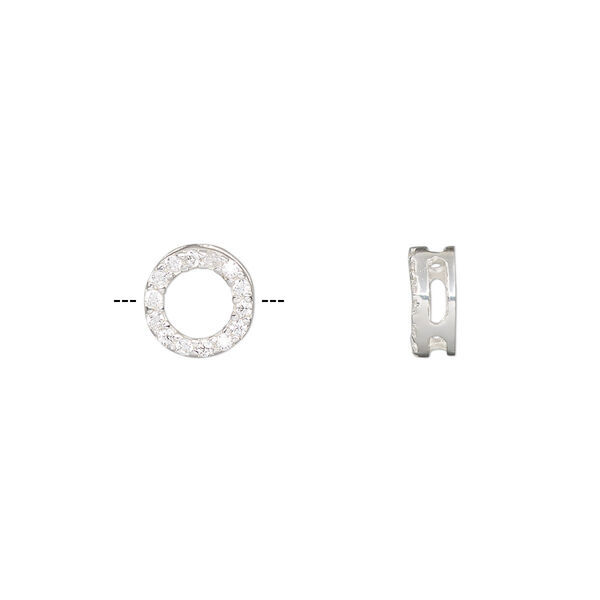 Slide, sterling silver and cubic zirconia, clear, 8mm single-sided open round, 4x1mm hole. Sold individually. image number 0