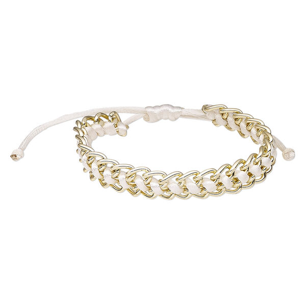 Bracelet, nylon and gold-coated acrylic, white, 14mm wide, adjustable from 6 to 8-1/2 inches with wrapped knot closure. Sold individually. image number 0