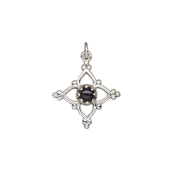 Black onyx / sterling silver 1pkg1, antiqued open beaded diamond drop 17x17mm image number 0