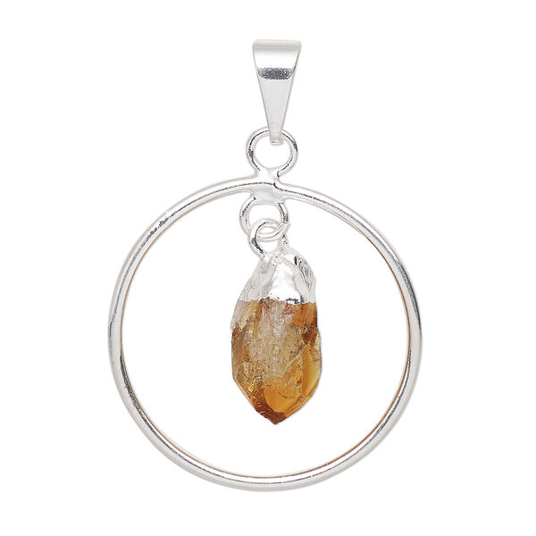 Pendant, Everyday Jewelry, silver-plated brass and citrine (heated), 30x25mm-32x27mm open round. Sold individually. image number 0