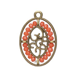 Drop, antique brass-finished "pewter" (zinc-based alloy), salmon pink, 28x21.5mm oval with hearts and beaded border. Sold per pkg of 2.