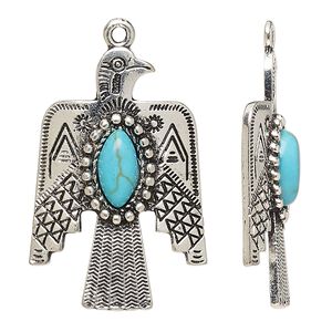 Focal, "turquoise" (resin) (imitation) and antique silver-finished "pewter" (zinc-based alloy), blue, 33x22mm single-sided thunderbird. Sold individually.