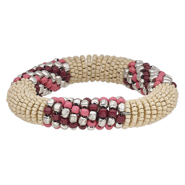 Bracelet, glass / steel memory wire / silver-plated steel, cream / pink / dark red, 15mm wide, 7-inch adjustable. Sold individually. image number 0