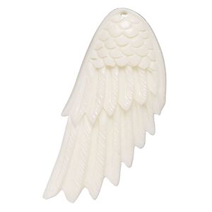 Focal, bone (bleached), 48x22mm hand-cut single-sided carved angel wing, Mohs hardness 2-1/2. Sold individually.