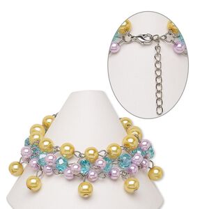 Bracelet, 3-strand, glass with silver-plated steel and brass, pink / aqua blue / yellow, round, 6-1/2 inches with 2-inch extender chain and lobster claw clasp. Sold individually.