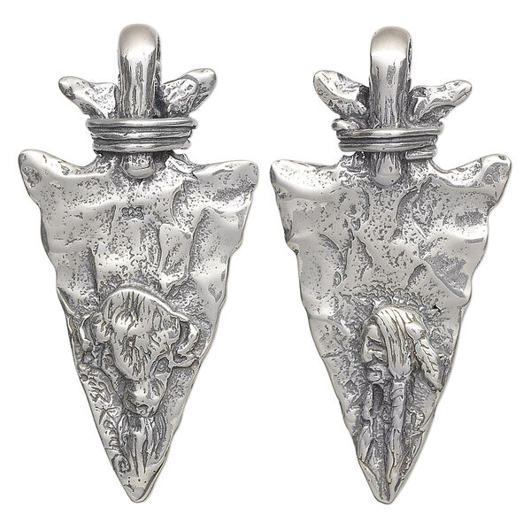 Focal, antiqued sterling silver, 40x20mm arrowhead with Native American and buffalo design. Sold individually. image number 0
