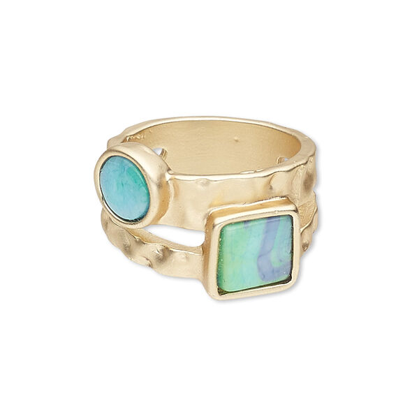 Ring, resin and gold-finished "pewter" (zinc-based alloy), blue and green, 14mm wide with matte square and round, size 8-1/2. Sold individually. image number 0