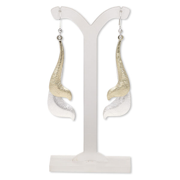Earring, gold-plated / silver-finished brass / steel / "pewter" (zinc-based alloy), 68mm with scratched wave and fishhook ear wire. Sold per pair. image number 0