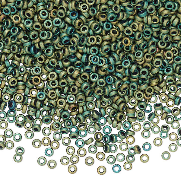 Seed bead, Miyuki, glass, pkg/250g, 2.2x1mm spacer rondelle, opaque matte metallic iris green patina, (SPR2.2-2008). image number 0