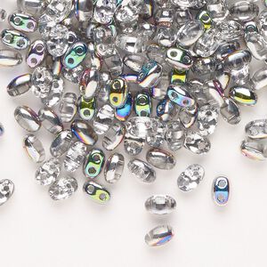 Seed bead, Preciosa Twin™ Pressed Twin Czech glass, pkg/200, 5x2.5mm oval, opaque AB crystal clear, (15317).