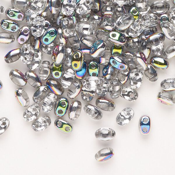 Seed bead, Preciosa Twin™ Pressed Twin Czech glass, pkg/200, 5x2.5mm oval, opaque AB crystal clear, (15317). image number 0