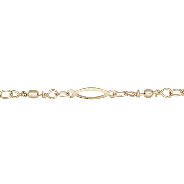 Chain, gold-finished brass, 11x2mm open oval and handmade wire-wrapped links with 2mm ball. Sold per pkg of 5 feet. image number 0