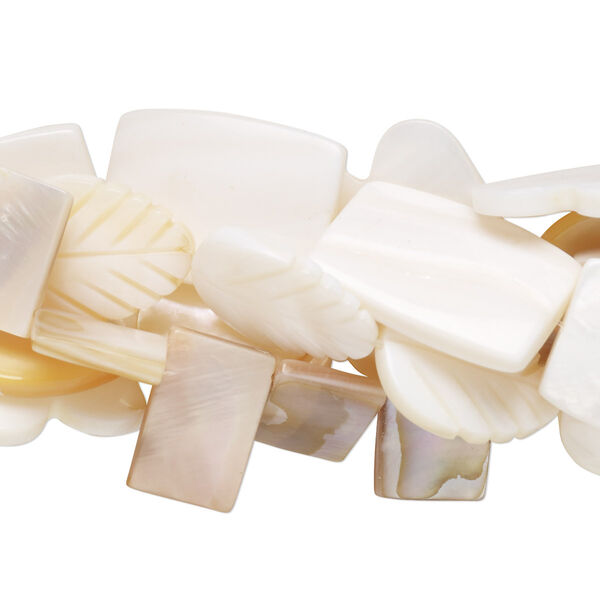 Bead mix, mother-of-pearl shell and gold lip shell (natural / bleached), 16x10mm-25x20mm mixed shapes with 0.6mm hole, Mohs hardness 3-1/2. Sold per pkg of (5) 14-16 inch strands. image number 0
