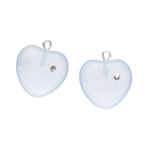 Drop, cubic zirconia / Czech glass / silver-plated brass 1pkg2, clear and translucent frosted pale blue, 16mm heart.