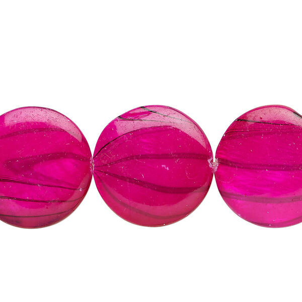 Mother-of-pearl shell 1pkg1, puffed flat round bead 15 inch dark fuchsia / black stripe 17-18mm image number 0