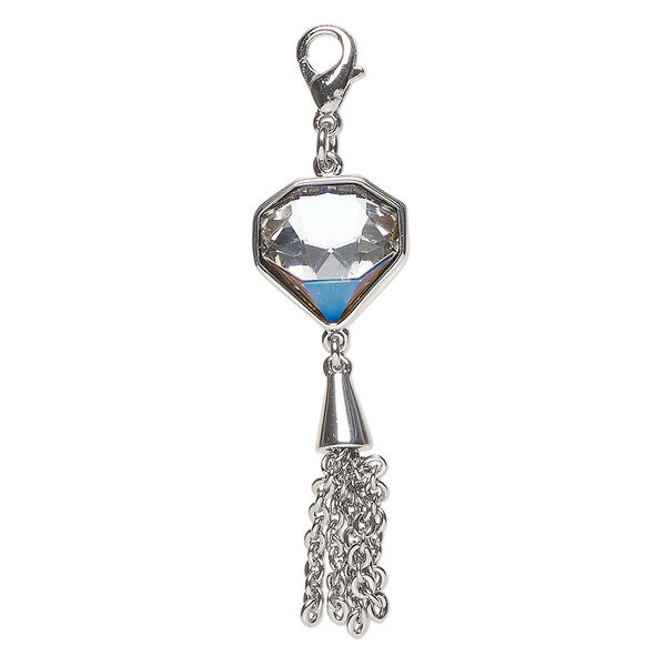 Focal, brass and glass, pkg/1, 40x14mm diamond with lobster claw clasp, silver finish and clear. image number 0