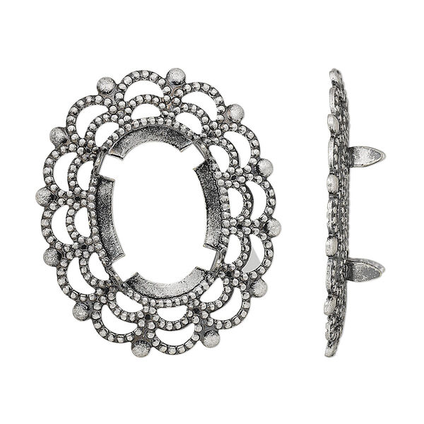 Focal, antique silver-plated brass, 30x25mm oval with 18x13mm 4-prong oval setting. Sold per pkg of 12. image number 0