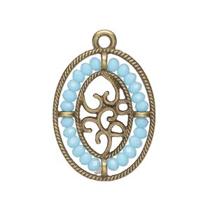 Drop, antique brass-finished "pewter" (zinc-based alloy), aqua blue, 28x21.5mm oval with hearts and beaded border. Sold per pkg of 2.