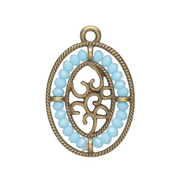 Drop, antique brass-finished "pewter" (zinc-based alloy), aqua blue, 28x21.5mm oval with hearts and beaded border. Sold per pkg of 2. image number 0