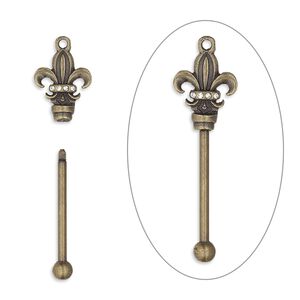 Focal, bead pin, glass rhinestone / antique brass-finished brass / "pewter" (zinc-based alloy), clear, 55x16.5mm single-sided fleur-de-lis with twist-off head, 30mm beadable length. Sold individually.