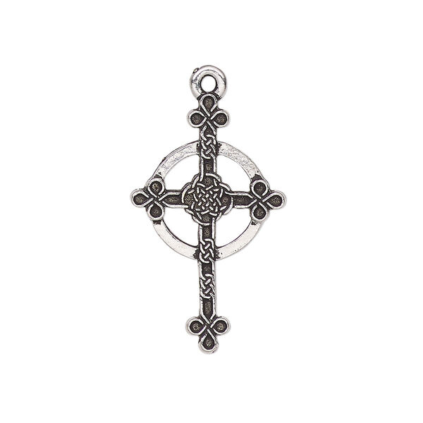 Drop, TierraCast®, antique silver-plated pewter, 27x16mm double-sided Celtic knot halo cross. Sold individually. image number 0
