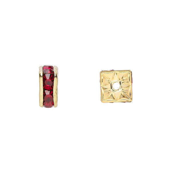 Bead, glass rhinestone and gold-finished brass, garnet red, 8x4mm squaredelle. Sold per pkg of 10. image number 0