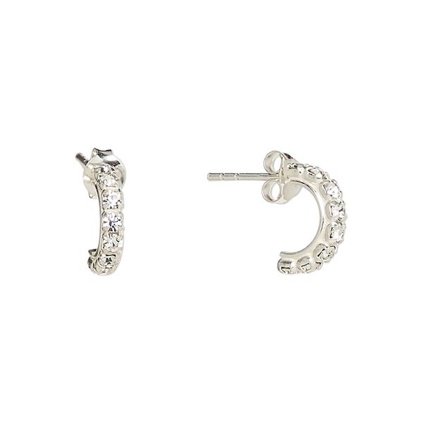 Earring, sterling silver and cubic zirconia, clear, 12mm half hoop with post. Sold per pair. image number 0