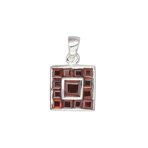 Pendant, sterling silver and garnet (natural), 2mm and 4mm faceted squares, 13x13mm square. Sold individually. image number 0