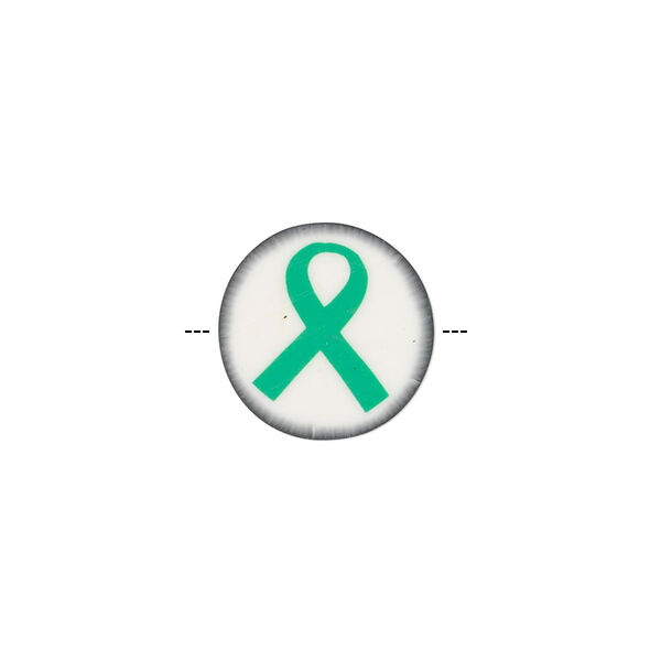 Bead, polymer clay, white / black / green, 14mm double-sided flat round with awareness ribbon. Sold per pkg of 30. image number 0