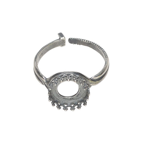 Ring 1pkg1, JBB Findings, antiqued silver-plated, 12mm wide with decorative trim and 10mm round bezel setting, adjustable from size 6-8. image number 0