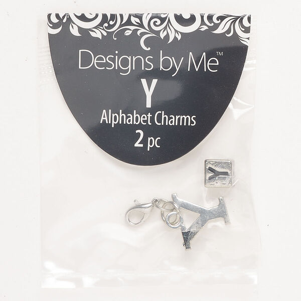 "Pewter" (zinc-based alloy)/ brass / enamel 1pkg2, "Y" charm / lobster claw clasp / cube bead antique silver-finished / black 15x13mm/7mm image number 0