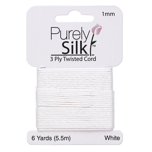 Cord, Purely Silk™, 3-ply, white, 1mm twisted. Sold per 6-yard card. image number 0