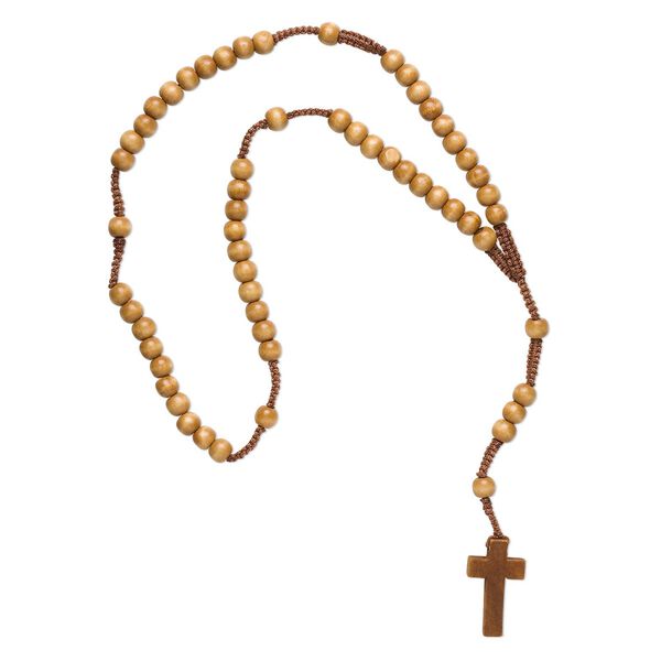 Rosary, wood and nylon cord, natural, 10x8mm rondelle and 40x23mm cross, 25 inches. Sold individually. image number 0