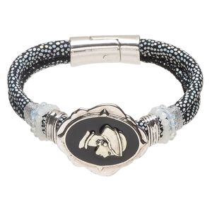 Bracelet 1pkg1 faux leather / glass / enamel / silver-finished brass and stainless steel, black / iridescent clear / white, 29mm width with lady's profile, 6.5 inches with magnetic clasp.