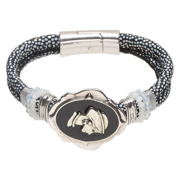 Bracelet 1pkg1 faux leather / glass / enamel / silver-finished brass and stainless steel, black / iridescent clear / white, 29mm width with lady's profile, 6.5 inches with magnetic clasp. image number 0
