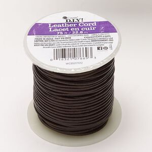 Cord, leather (dyed), pkg/75 feet, dark brown, 2mm round.