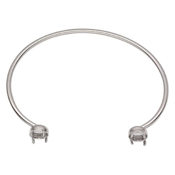 Bracelet, cuff, silver-finished brass, 2mm oval with (2) 7mm round rivoli or chaton mountings, 6-1/2 inches. Sold individually. image number 0