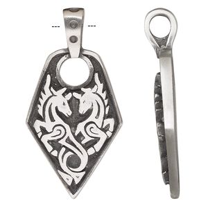 Pendant, antique pewter (tin-based alloy), 44x22mm single-sided overall with unicorn design. Sold individually.