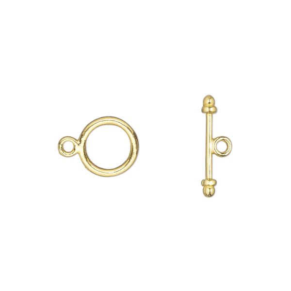 Clasp, toggle, gold-finished "pewter" (zinc-based alloy), 9.5mm round with double ribbed design. Sold per pkg of 20. image number 0