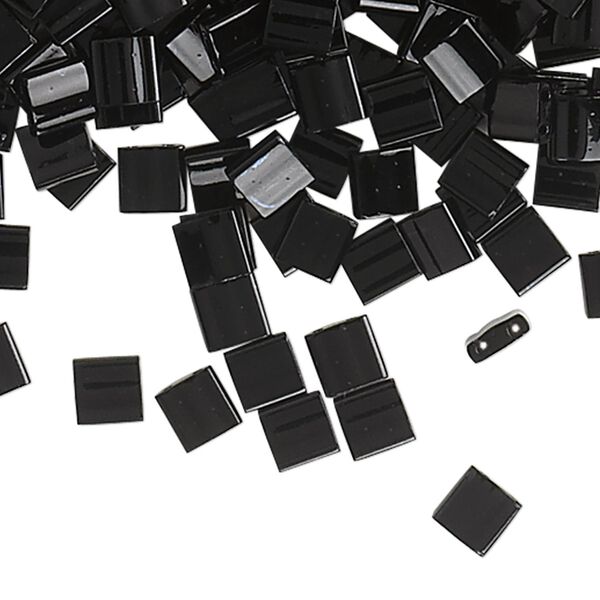 Bead, Miyuki, TILA®, glass, opaque black, (TL401), 5mm square with (2) 0.8mm holes, fits up to 3mm beads. Sold per 250-gram pkg. image number 0
