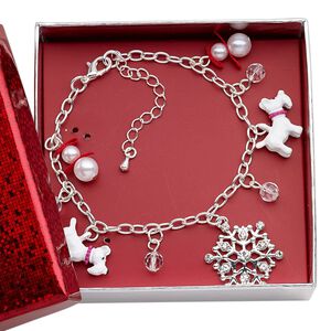 Bracelet, acrylic pearl / glass rhinestone / glass / ribbon / silver-finished brass / steel / "pewter" (zinc-based alloy), multicolored, dog / snowflake / snowman, 7 inches with 2-1/4 inch extender chain and lobster claw clasp. Sold individually.