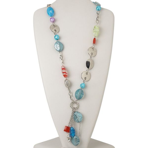 Necklace, acrylic / glass / silver-coated plastic / silver-finished steel, blue-green and red, flat round, 28-inch continuous loop. Sold individually. image number 0