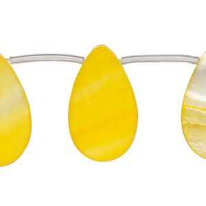 Bead, mother-of-pearl shell (dyed), yellow-orange, 25x6mm-25x8mm top-drilled flat teardrop, Mohs hardness 3-1/2. Sold per 14-inch strand, approximately 15 beads.