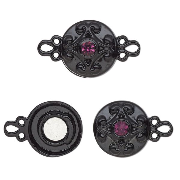 Clasp magnetic 1pkg2 "pewter" (zinc alloy), 12mm double-sided round, black-finished / purple rhinestone 1-strand image number 0