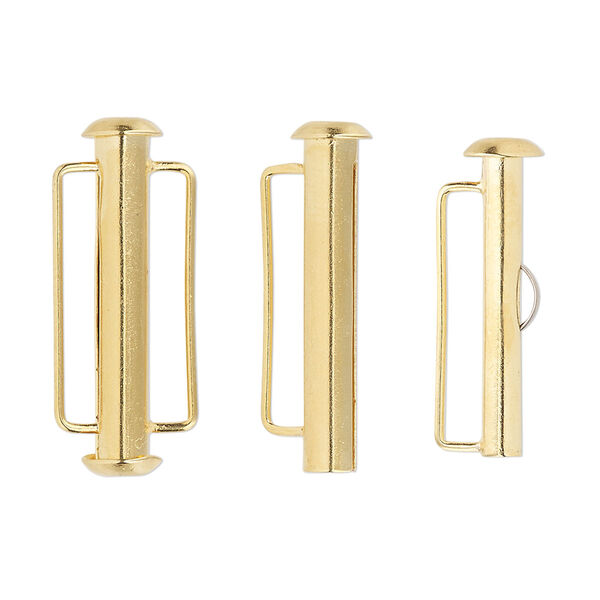 Clasp, slide lock, gold-plated brass, 26x6mm round tube. Sold per pkg of 4. image number 0